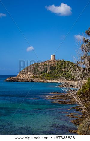 Sardinia Torre di Chia bay Italy with blue sky