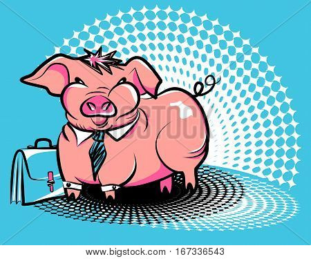 Business smug piggy. Vector illustration of a fat pink pig in a tie with an office briefcase on Ben-Day dots