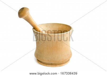 Wooden stupa for the Spice fraction close up isolated on white background
