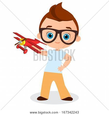 Young Boy With Glasses And Toy Plane. Boy Playing With Airplane. Vector Illustration Eps 10 Isolated