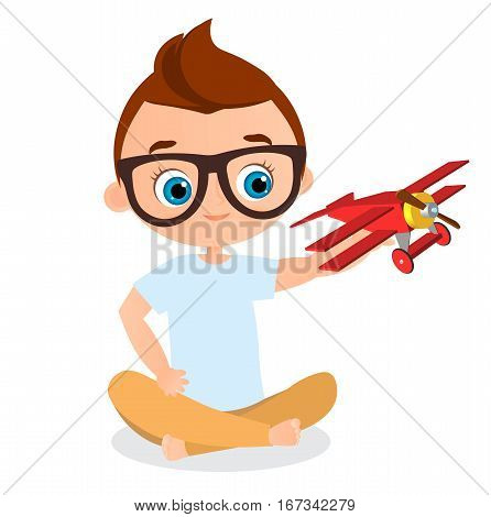 Young Boy With Glasses And Toy Plane. Boy Playing With Airplane. Vector Illustration Eps 10 Isolated