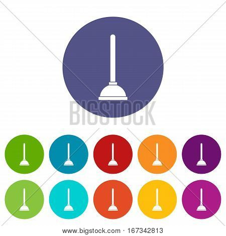 Toilet plunger set icons in different colors isolated on white background