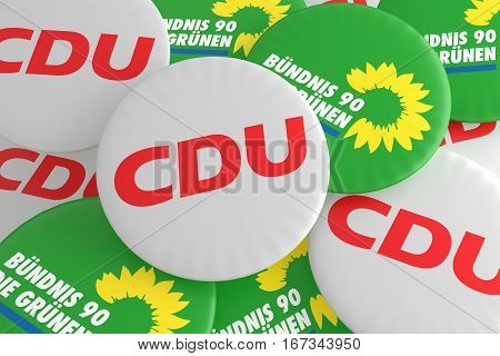 BERLIN GERMANY - JANUARY 29 2017: German Politics Coalition Concept: Pile of Buttons With The Logo of The Political Parties CDU And The Greens 3d illustration