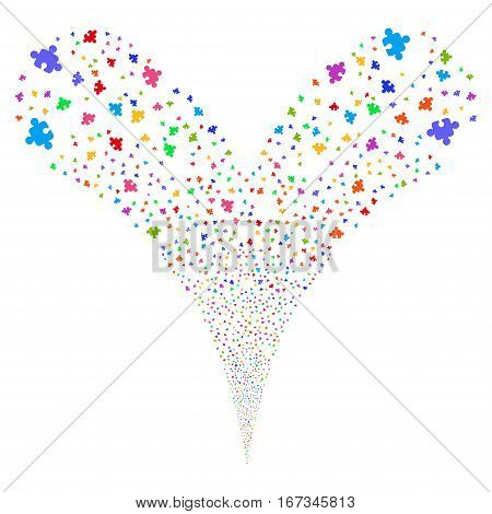 Component fireworks stream. Vector illustration style is flat bright multicolored iconic symbols on a white background. Object double fountain organized from random symbols.
