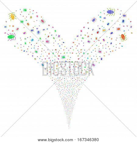 Cucaracha fireworks stream. Vector illustration style is flat bright multicolored iconic symbols on a white background. Object double fountain constructed from random pictograms.