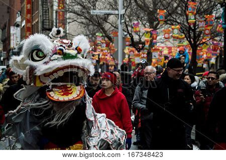 Chinatown, Montreal, Сanada - January 29, 2017: Crowd walking in historic Montreal Chinatown street alongside Montreal Chinese Lion Dance Club performing traditional Lion Dance for Chinese New Year of the Rooster Celebrations blessing the local merchants 
