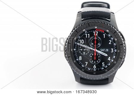 CHESTER UK - January 28 2017: Samsung Gear S3 smartwatch with copyspace to the left.