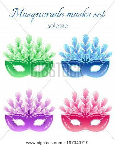 Isolated masquerade masks set: red, green, blue and purple masks with feathers. White background. All elements are grouped.