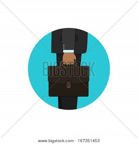 Businessman's hand holding briefcase side view circle icon logo flat design. Vector.
