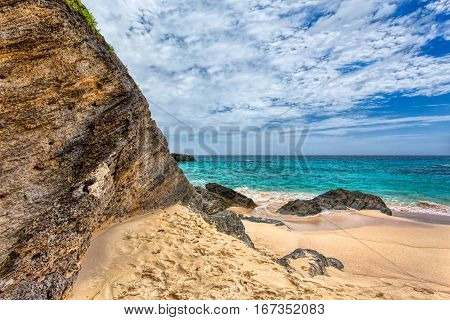 Landscape of Ocean rock and beach in Horseshoe Bay Southampton Parish Bermuda
