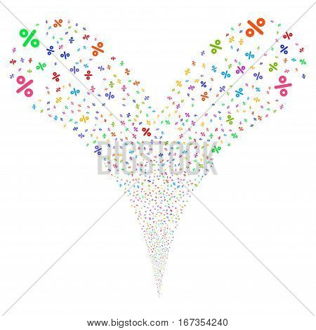 Percent fireworks stream. Vector illustration style is flat bright multicolored iconic symbols on a white background. Object double fountain combined from random design elements.