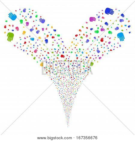 Stop Hand fireworks stream. Vector illustration style is flat bright multicolored iconic symbols on a white background. Object double fountain done from random symbols.