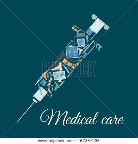 Syringe made of medicine icons. Weigher or scale, leg prosthesis and clutch, saw and drill, reflex hammer, thermometer, pen and blank sheet of paper, spine and bone, sphygmomanometer or blood pressure gauge. Medical or healthcare theme