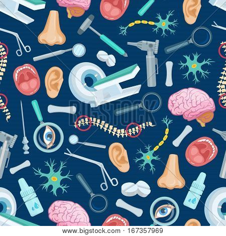 Medicine or medical seamless pattern background. Health care or healthcare items such as magnifying glass and pill, spray, human head organs like nose and mouth with teeth, eye and ear, spine and cell. Hospital or people anatomy theme