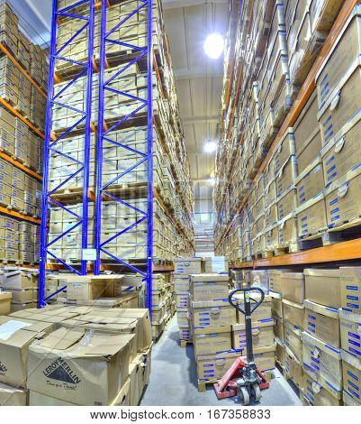 St. Petersburg Russia - December 3 2013: Boxes of records stored in document warehouse secure storage system.