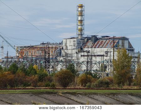 Chernobyl nuclear power station with damaged reactor block 4 in the exclusion zone