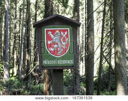 A sign in a nature preserve in Celada near the border of Slovakia and the Czech Republic.