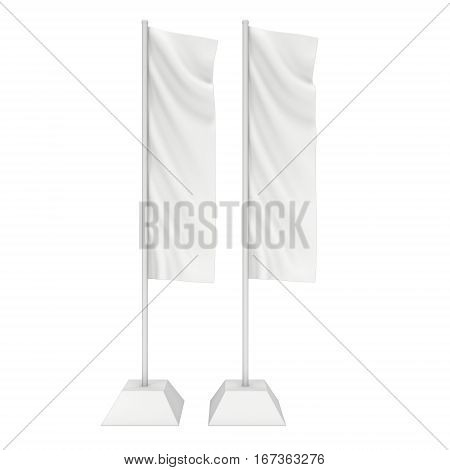 Flag Blank Expo Banner Stand. Trade show booth. 3d render illustration isolated on white background. Template mockup for your expo design.