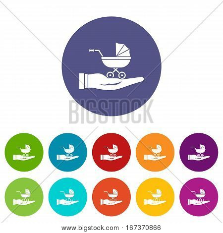 Baby pram protection set icons in different colors isolated on white background