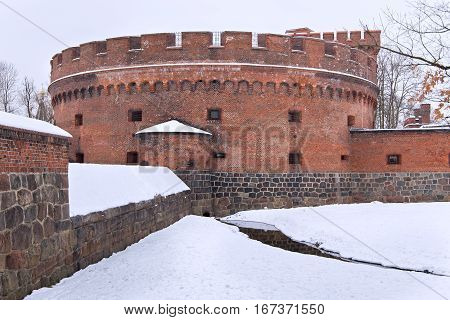 Tower of Der Dona now museum of Amber. Part of the german defensive fortifications in the Konigsberg. After Second World War Konigsberg was called Kaliningrad and became part of Russia.
