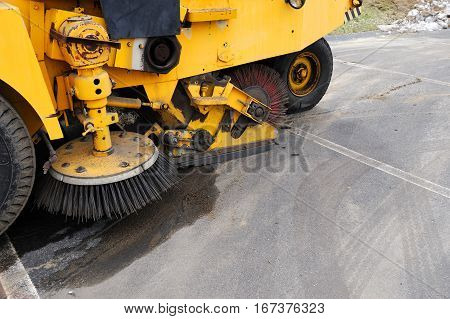 close up on road sweeper in the parking lot