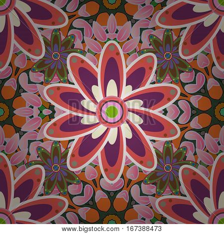 Elegance Seamless Pattern With Flowers. Raster Illustration. Radial Gradient Shadow.