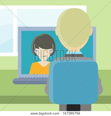 Rear view closeup of a blond man sitting at a desk and working on the computer. Lecturer on the computer screen. Workplace, make money online, e-business, e-learning, concept. Illustration in flat.