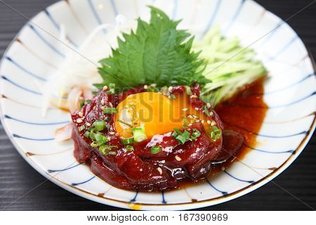 studio shot of Korean Seasoned Raw Beef Yukhoe