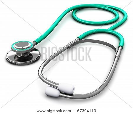 3D render illustration of green metal medical stethoscope isolated on white background