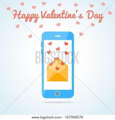 Smartphone with an open love sms or email. Valentine s day card. Fluttering hearts. Flat design. Vector illustration.