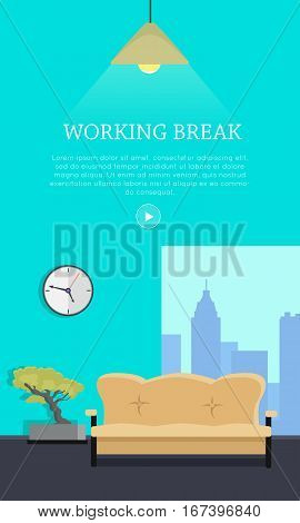 Workplace vector concept. Flat design. Working break office room with sofa, bonsai tree, clock on the wall and urban view from window. Comfortable place for work modern business apartments design