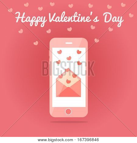 Smartphone with an open love sms or email. Valentine s day card. Fluttering hearts. Pink colors. Flat design. Vector illustration.