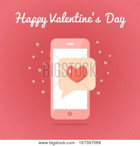Smartphone with sealed love sms. Valentine s day card. Flat design. Pink colors. Vector illustration.