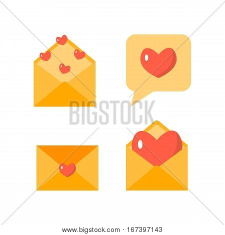 Flat love letter and email icons set. Valentine s day or wedding design. Vector illustration.