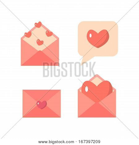 Flat love letter and email icons set. Valentine s day or wedding design. Vector illustration.