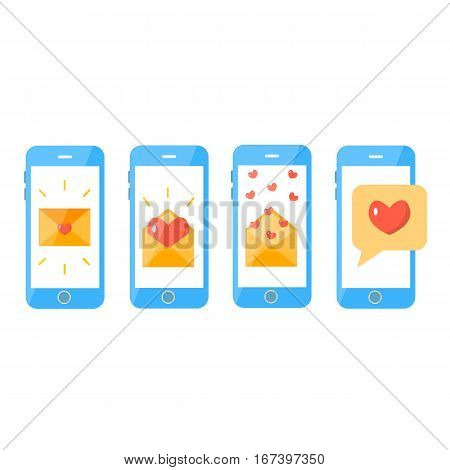 Smartphones set with love messages isolated on white background. Flat design. Vector illustration.