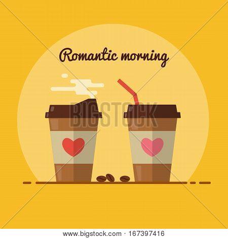 Perfect romantic morning with coffee. Coffee beans. Flat design. Vector illustration.