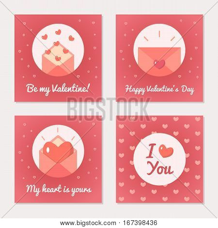 Set of greeting cards for Valentine s Day. Love letters and message. Pink colors. Flat design. Vector illustration.