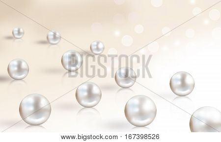 Pearl wedding background with small and big white pearls isolated on cream bright lights background