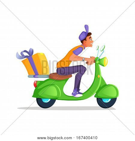 Delivery Boy Ride Scooter Motorcycle Service, Order, Worldwide Shipping, Fast and Free Transport. Cartoon vector illustration.