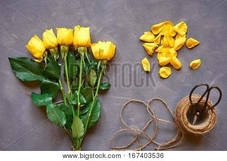 Yellow Roses Bouquet And Accessories On   Grey Background