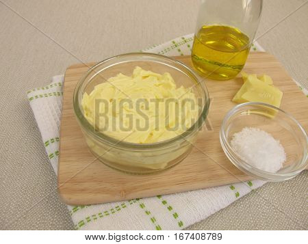 Homemade vegan margarine with rapeseed oil, cocoa butter and fleur de sel