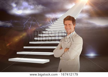 Confident businessman standing at the camera against lightning with clouds 3d