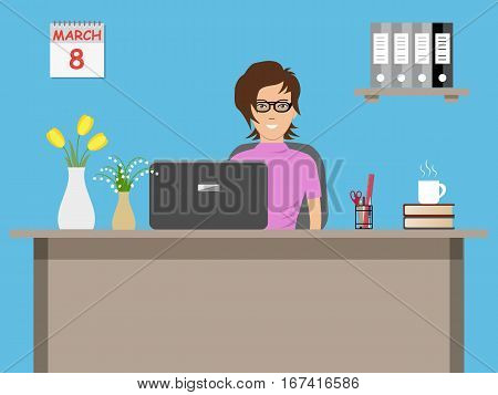 Web banner of an office worker on 8 March. The young woman sitting at the desk on the blue background. There is office objects and vases with flowers on the table. Vector illustration.