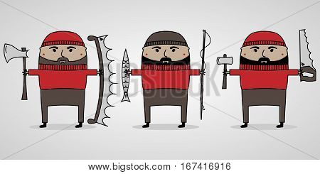 vector illustration cartoon men with beard in sweater and cap lumberjack, fisherman and a carpenter