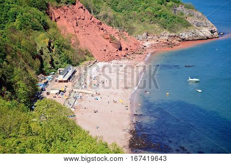 Babbacombe beach, top view of the boats in the sea, Devon, UK