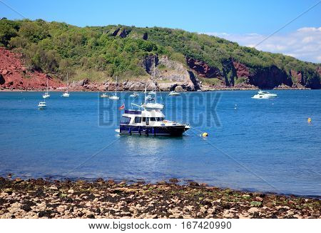 Babbacombe beach, view of the boats in the sea, Devon, UK