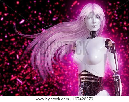 3D rendering of female robot with long hair and bokeh light effect.