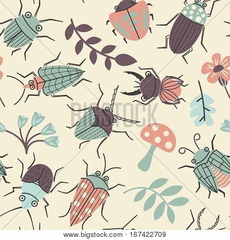 Seamless pattern with cute small beetles and plants. Summer bugs doodle style background. Vector cartoon backdrop with funny insects flowers and leaves.