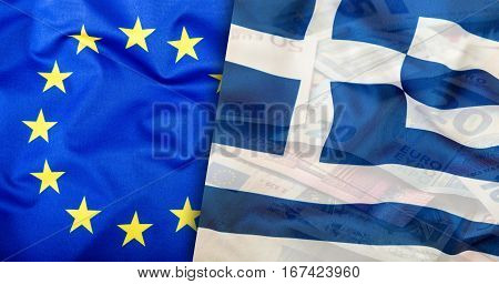 Greece flag. Euro money. Euro currency. Colorful waving greece flag on a euro money background.